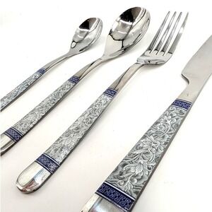 Stainless Steel 430 Flatware Set Blue White Floral Greek Key Pattern 4 Piece